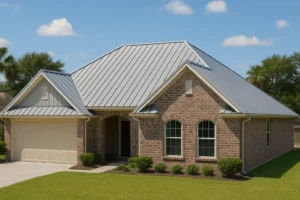 Brick home in Katy, TX with a new standing seam metal roof in galvalume finish installed by RISE Roofing