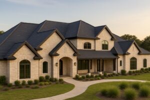 Elegant home in Spring, TX with a dark wood shake-look stone-coated steel roof replaced by RISE Roofing