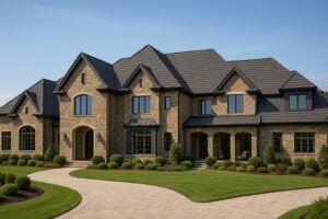 Estate home in Magnolia, TX with a dark wood shake-look stone-coated steel roof installed by RISE Roofing
