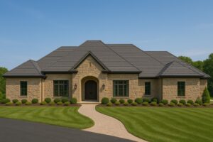 Two-story home in Cypress, TX with a wood shake-style stone-coated steel roof replaced by RISE Roofing
