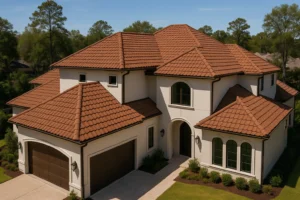 Two-story stucco home in Waller, TX with Spanish tile-look stone-coated steel roof installed by RISE Roofing