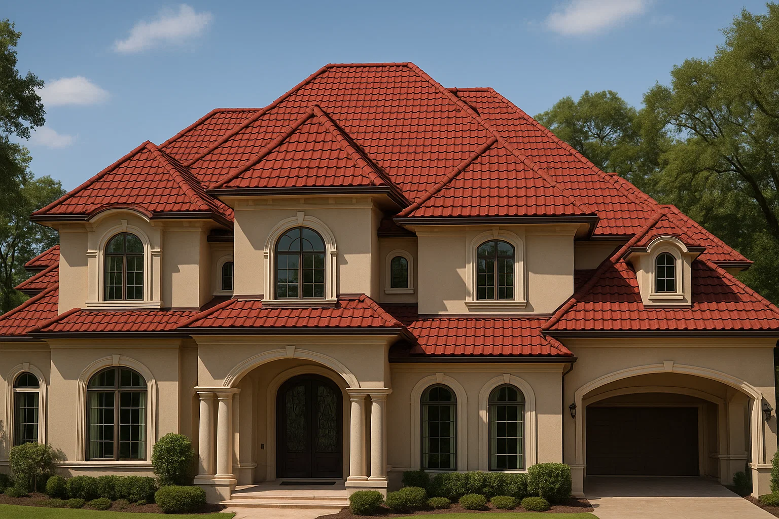 Mediterranean-style home in Jordan Ranch, TX with a red Spanish tile-look stone-coated steel roof installed by RISE Roofing