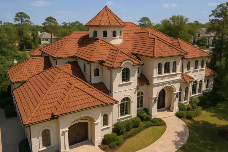 Mediterranean-style home in Cross Creek Ranch, TX with a red Spanish tile-look stone-coated steel roof installed by RISE Roofing