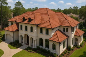 Elegant stucco home in Katy, TX with a red Spanish tile-look stone-coated steel roof installed by RISE Roofing