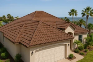 Coastal home in Galveston, TX with a new Spanish tile-look stone-coated steel roof installed by RISE Roofing