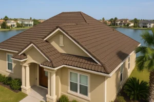 Waterfront home in Clear Lake, TX with a Spanish tile-look stone-coated steel roof installed by RISE Roofing