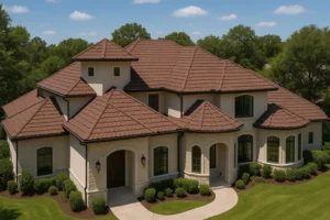 Elegant two-story home in Cinco Ranch, TX with a Spanish tile-look stone-coated steel roof installed by RISE Roofing