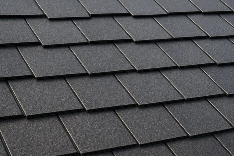 Close-up of a metal roof that looks like shingles, highlighting stone-coated texture and precise craftsmanship.